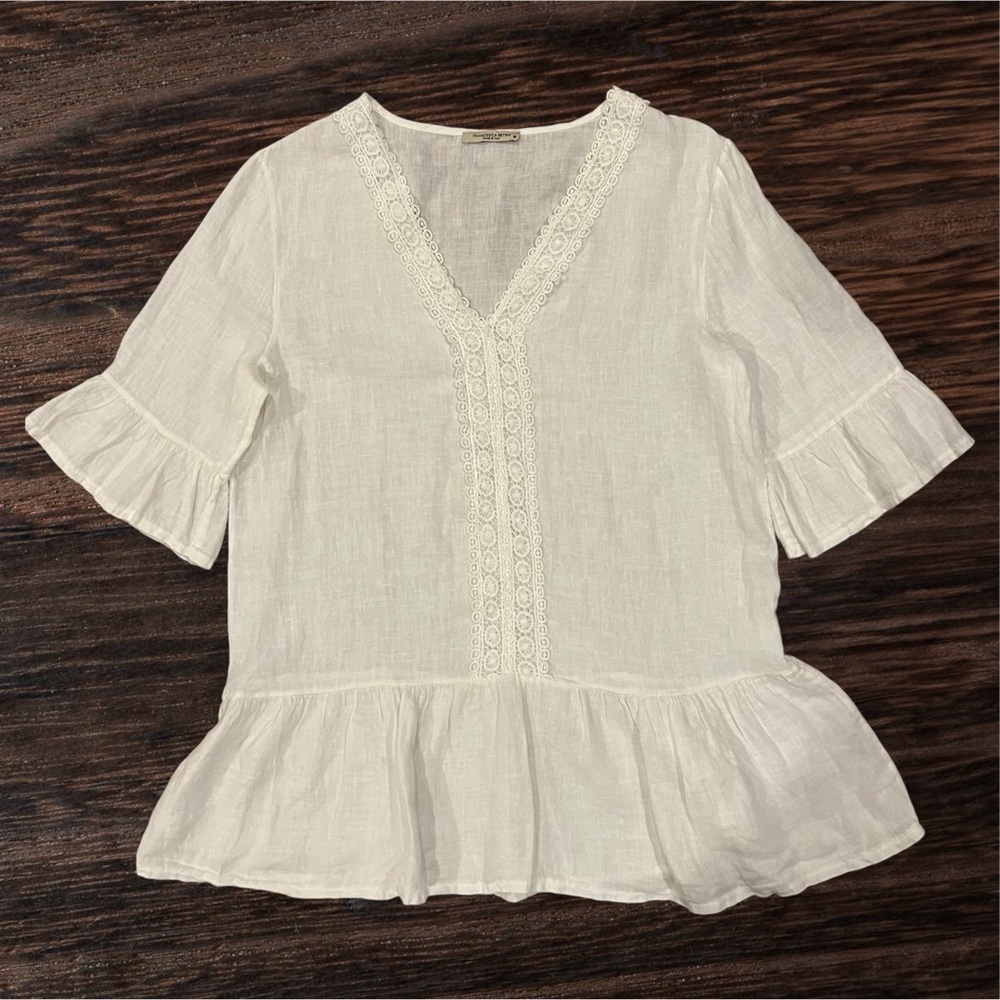 Francesca Bettini Linen Lace White Boho Tunic Top V-Neck Bell Sleeves Sz M ITALY